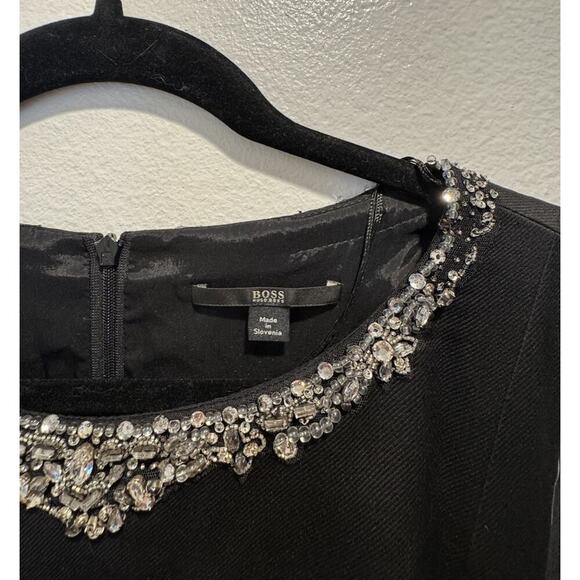 Hugo Boss Sheath Dress Women’s Size 8 Embellished Neck Black Wool Blend Classic - Picture 3 of 9